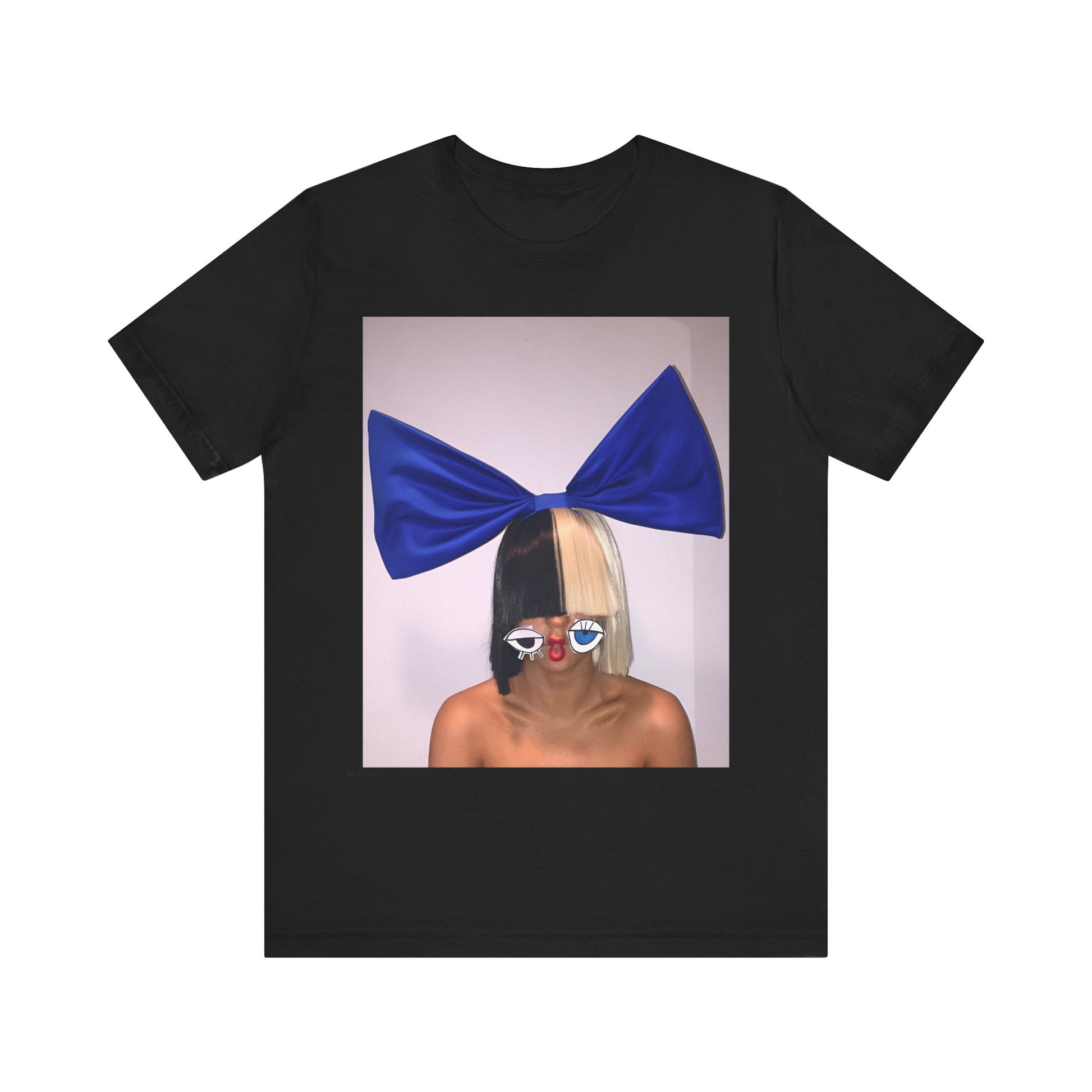 A black graphic t-shirt featuring a graphic of Sia with her iconic wig, in an aesthetic style.