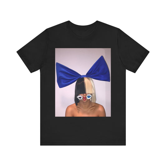 A black graphic t-shirt featuring a graphic of Sia with her iconic wig, in an aesthetic style.
