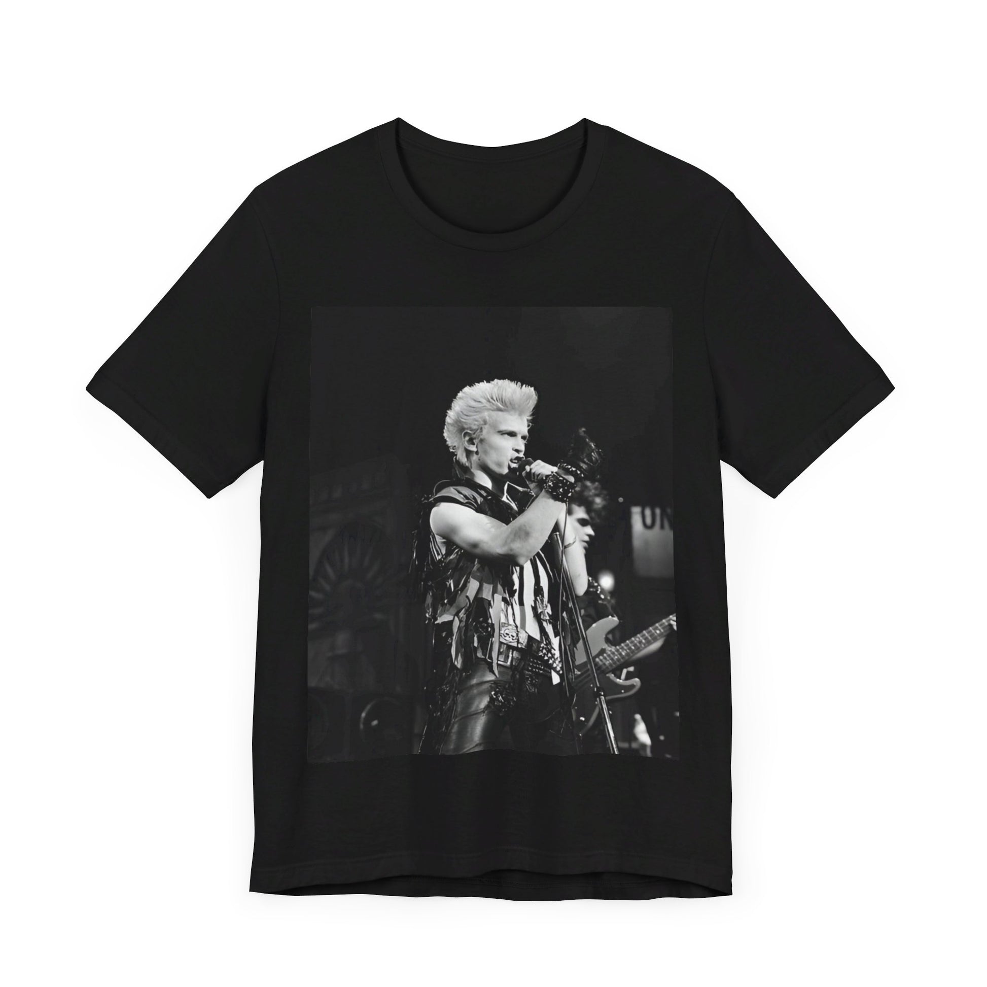 A black graphic t-shirt featuring a relaxed or candid graphic of Billy Idol, possibly on stage or in a merch style.
