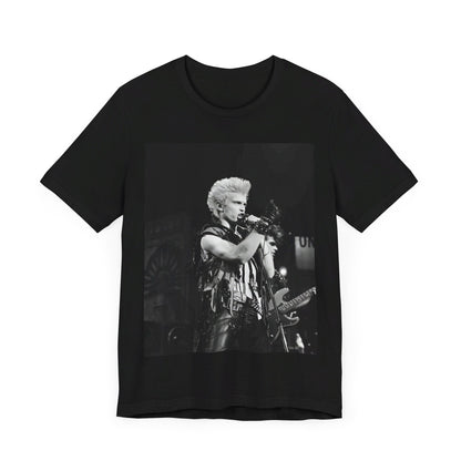 A black graphic t-shirt featuring a relaxed or candid graphic of Billy Idol, possibly on stage or in a merch style.