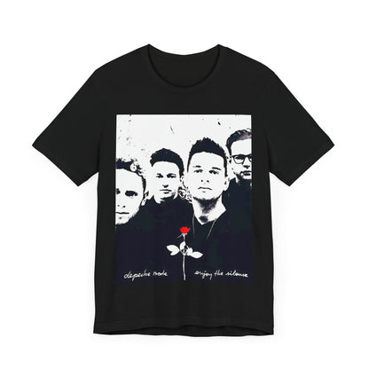 A black graphic t-shirt featuring a graphic related to Depeche Mode's 'Enjoy The Silence' era.