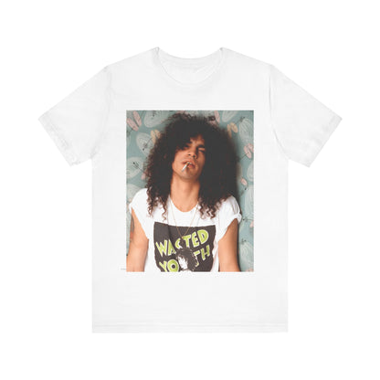 A black graphic t-shirt featuring a 90s photo of Slash from Guns N' Roses.