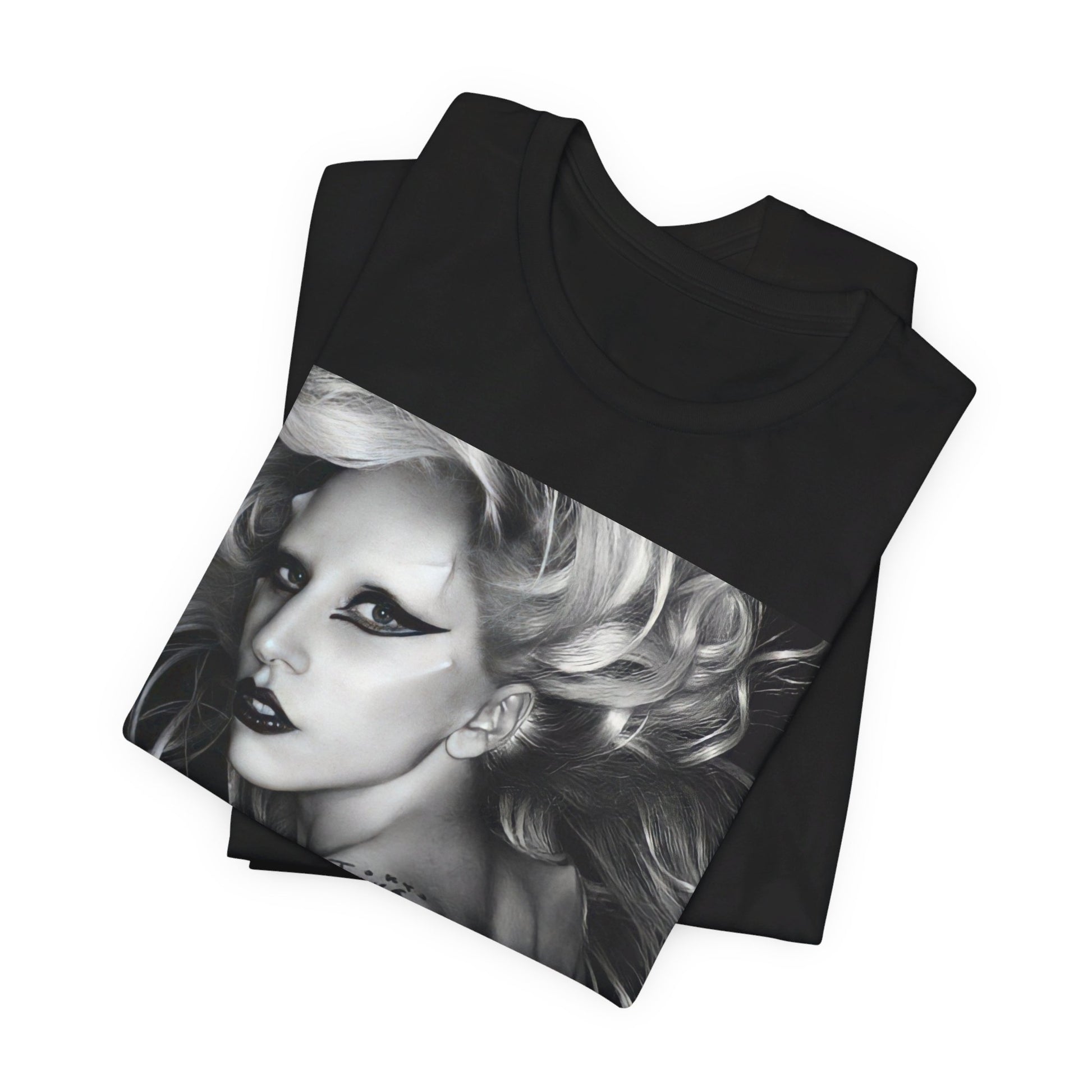 A black graphic t-shirt featuring a modern pop essential graphic of Lady Gaga.