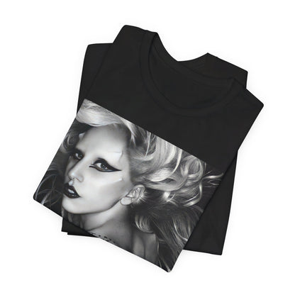 A black graphic t-shirt featuring a modern pop essential graphic of Lady Gaga.