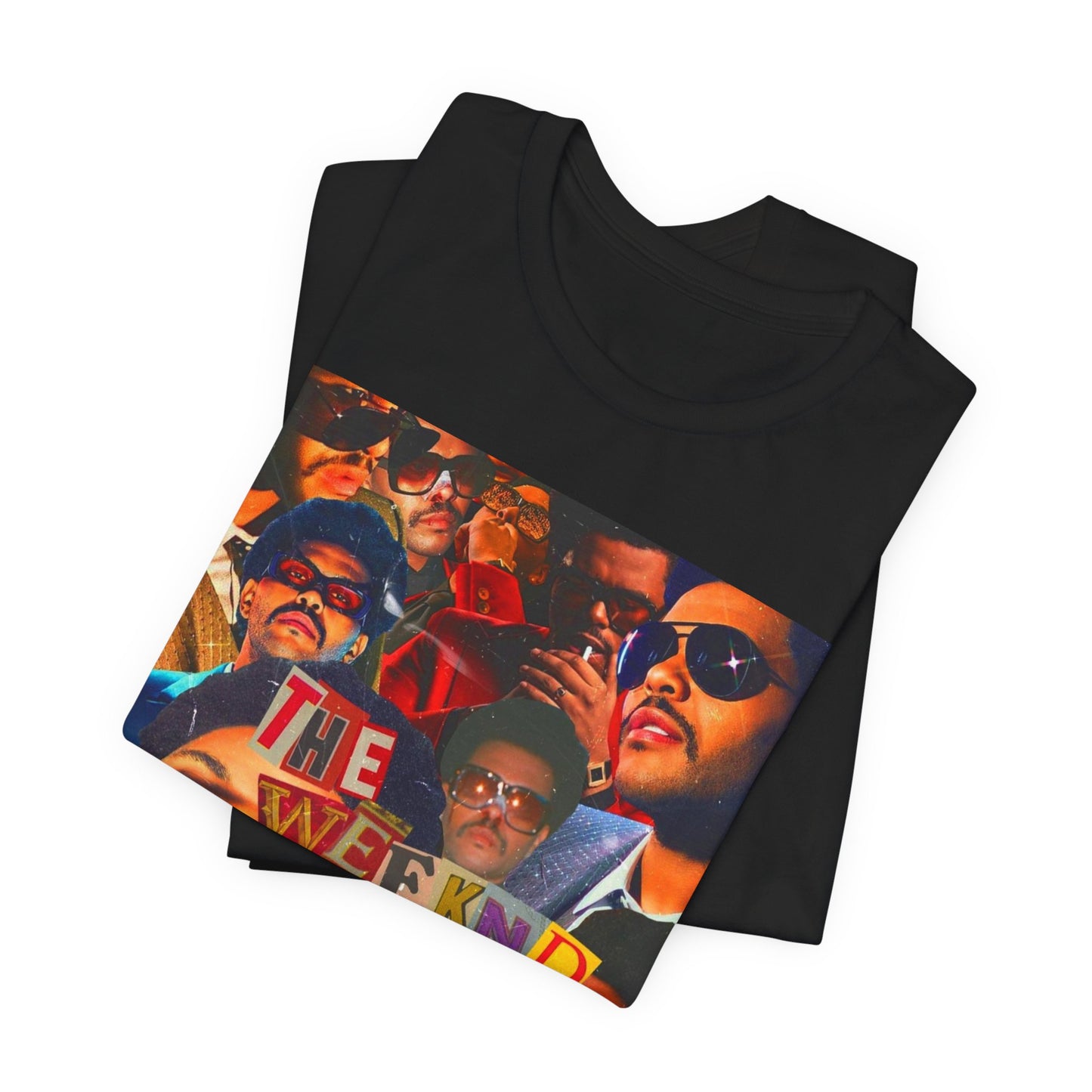 A black graphic t-shirt featuring a collage graphic of The Weeknd.