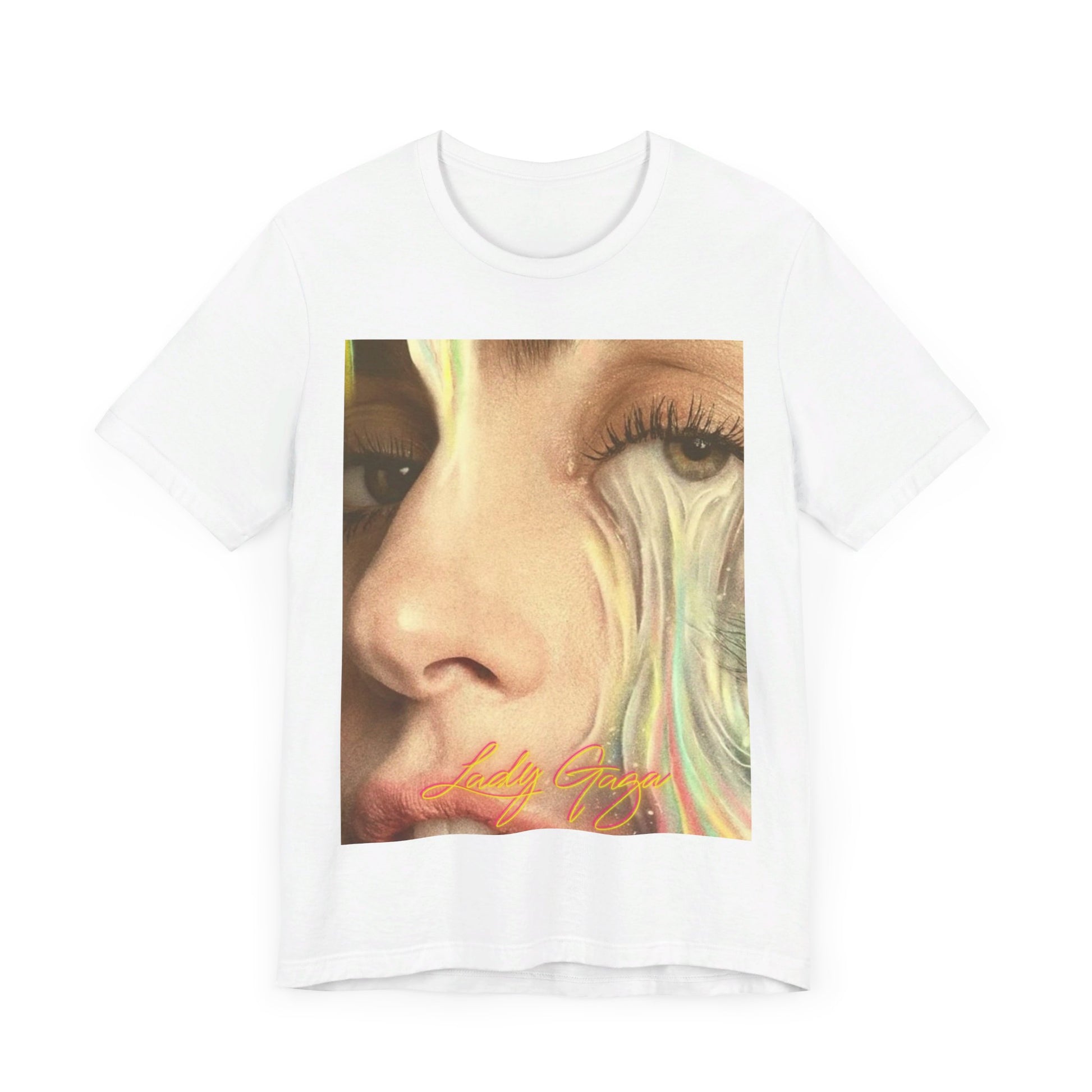 A black graphic t-shirt featuring an artistic or aesthetic graphic of Lady Gaga.