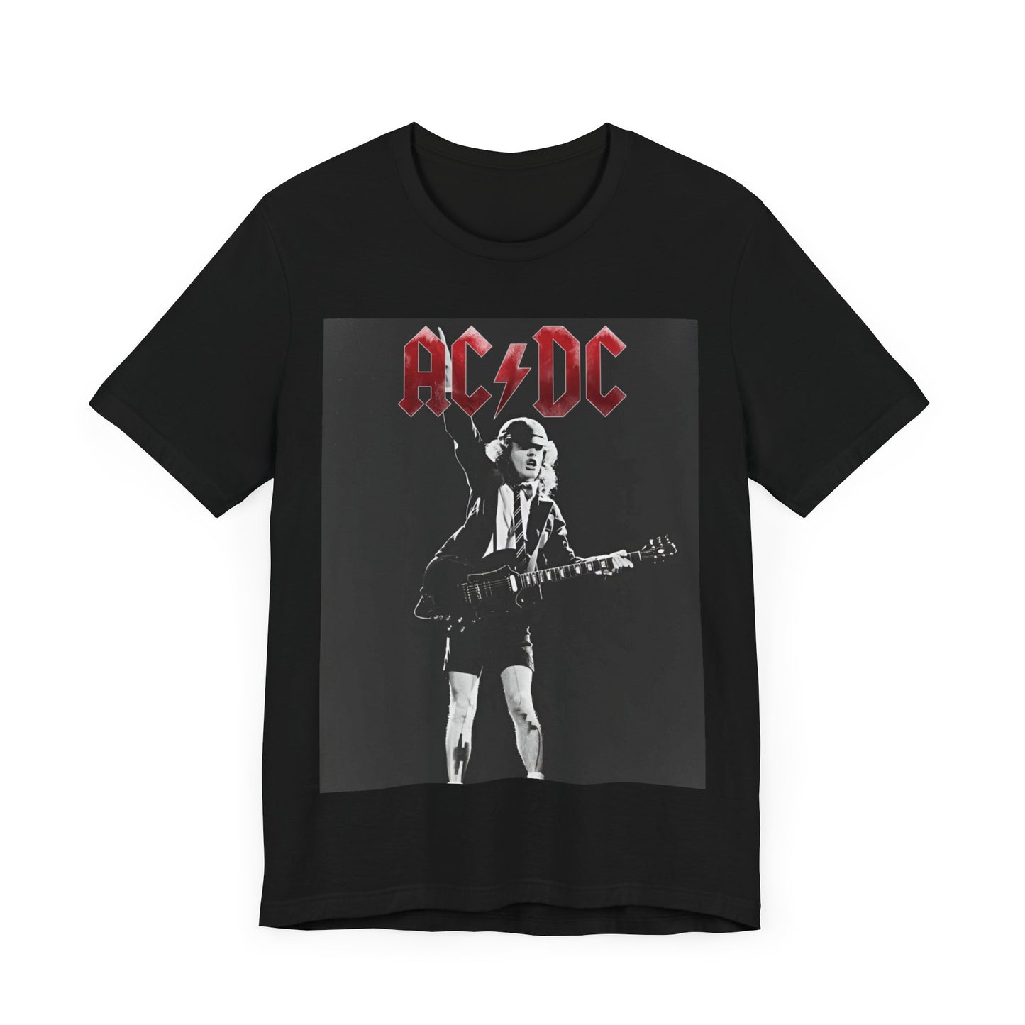 A black and white graphic t-shirt featuring AC/DC band members in a stylized, aesthetic composition, possibly with a grunge or vintage filter.