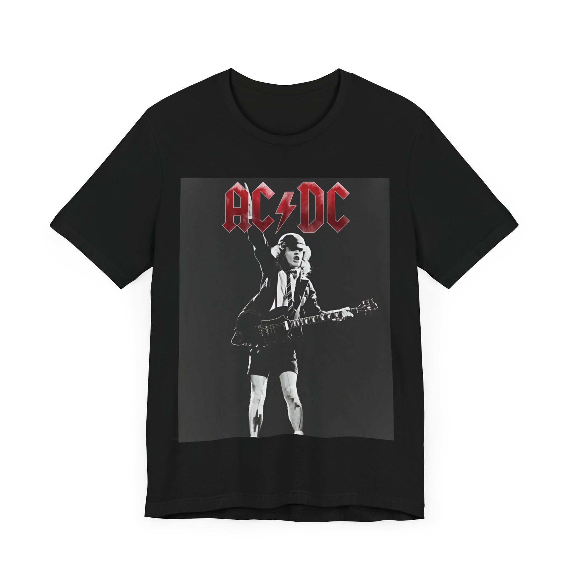 A black and white graphic t-shirt featuring AC/DC band members in a stylized, aesthetic composition, possibly with a grunge or vintage filter.