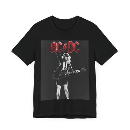A black and white graphic t-shirt featuring AC/DC band members in a stylized, aesthetic composition, possibly with a grunge or vintage filter.