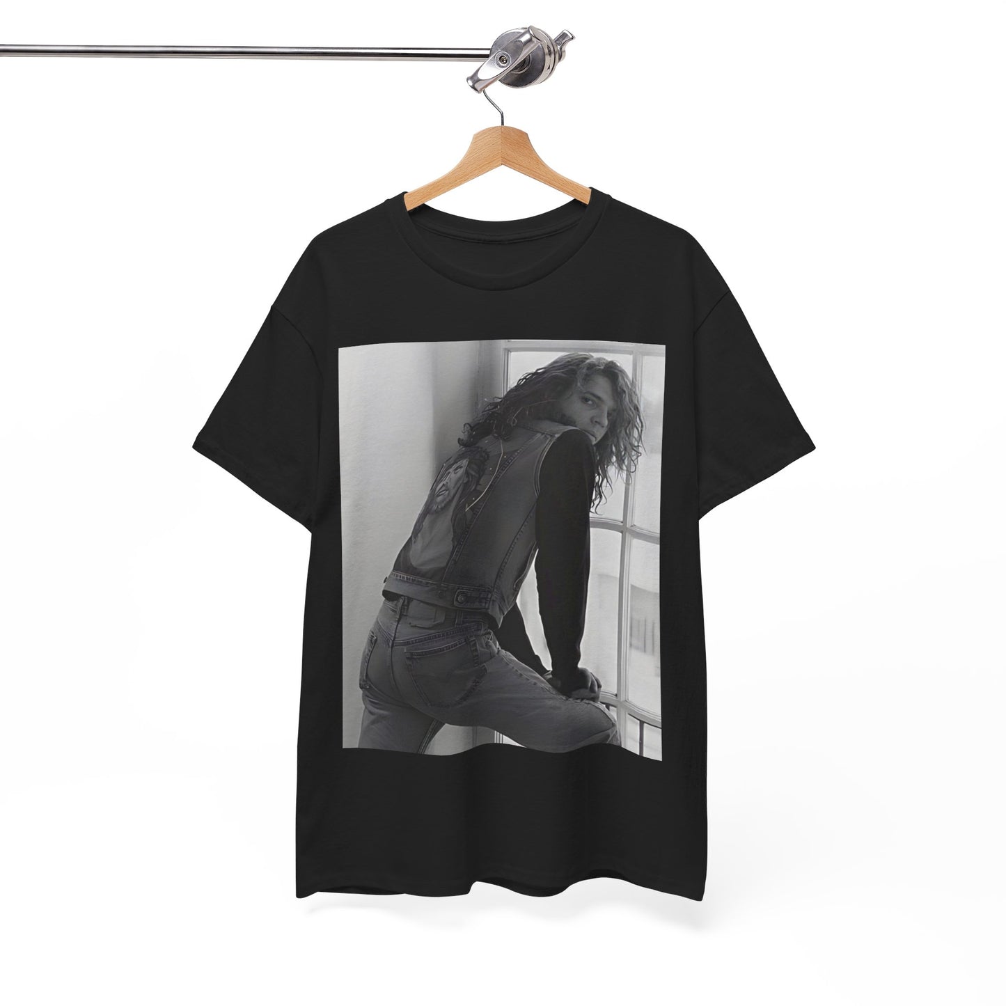 A black graphic t-shirt featuring a 90s black and white photo portrait of Michael Hutchence from INXS.