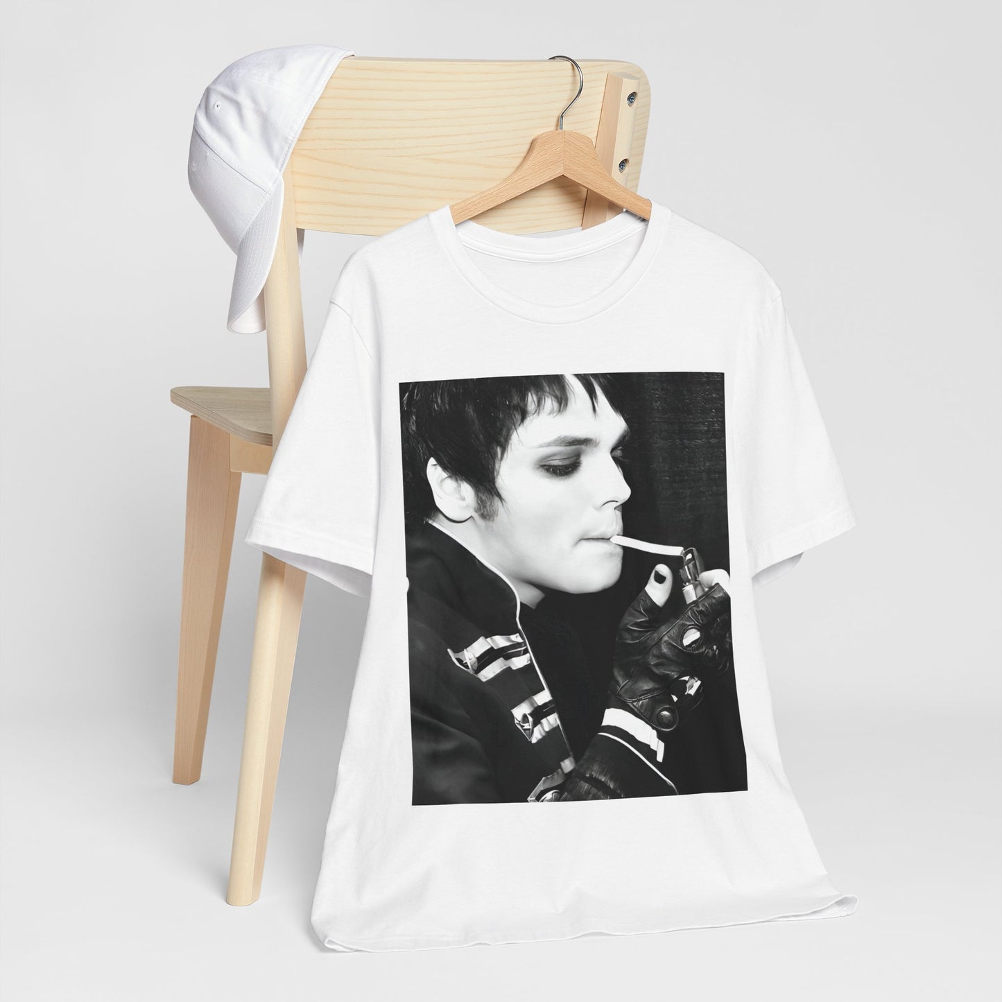 A black graphic t-shirt featuring a black and white graphic or photo of My Chemical Romance in a backstage setting.