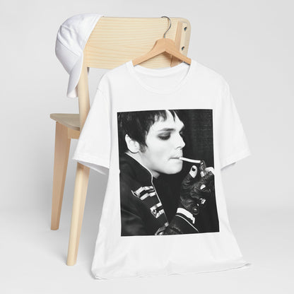 A black graphic t-shirt featuring a black and white graphic or photo of My Chemical Romance in a backstage setting.