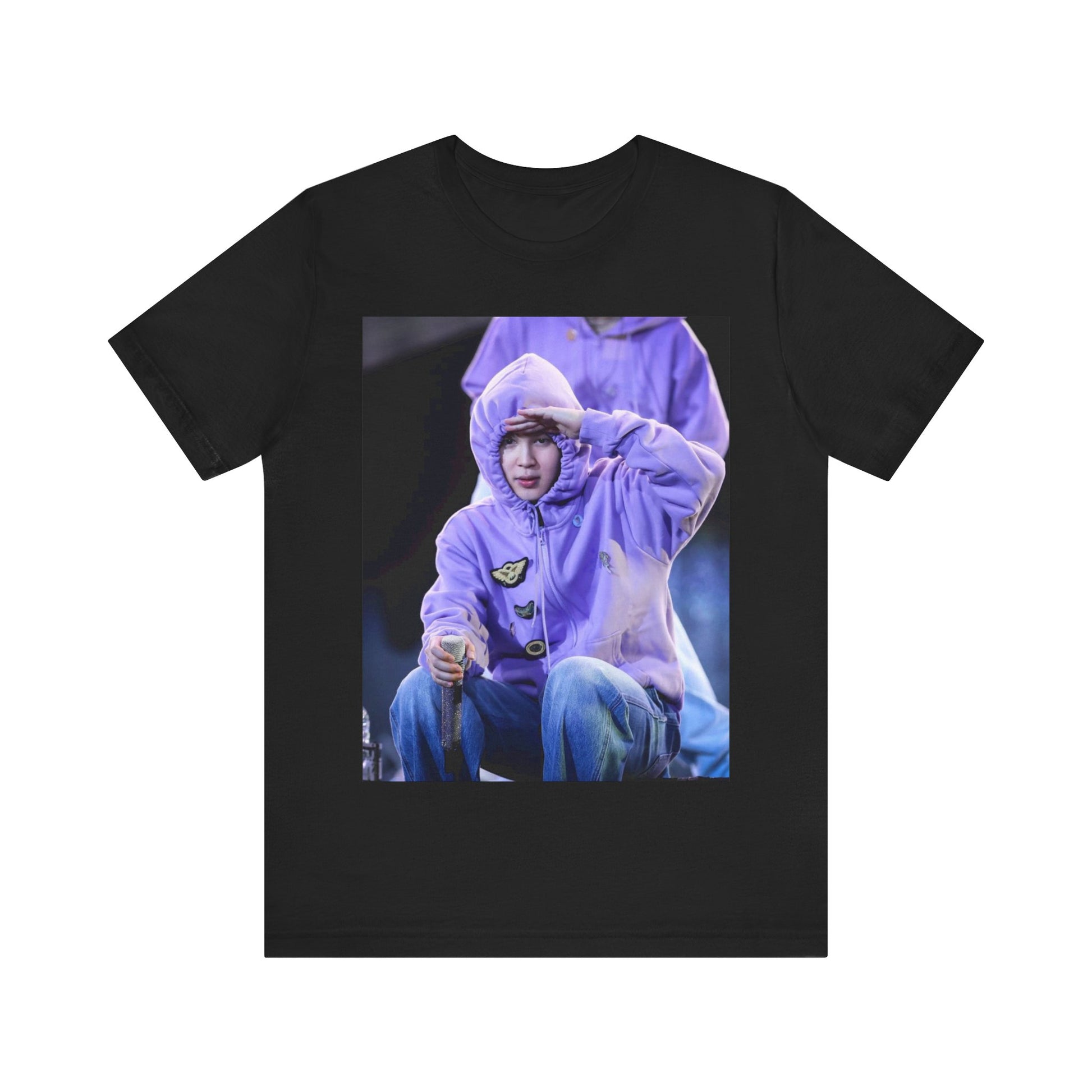 A black graphic t-shirt featuring an authentic live performance graphic of Jimin.
