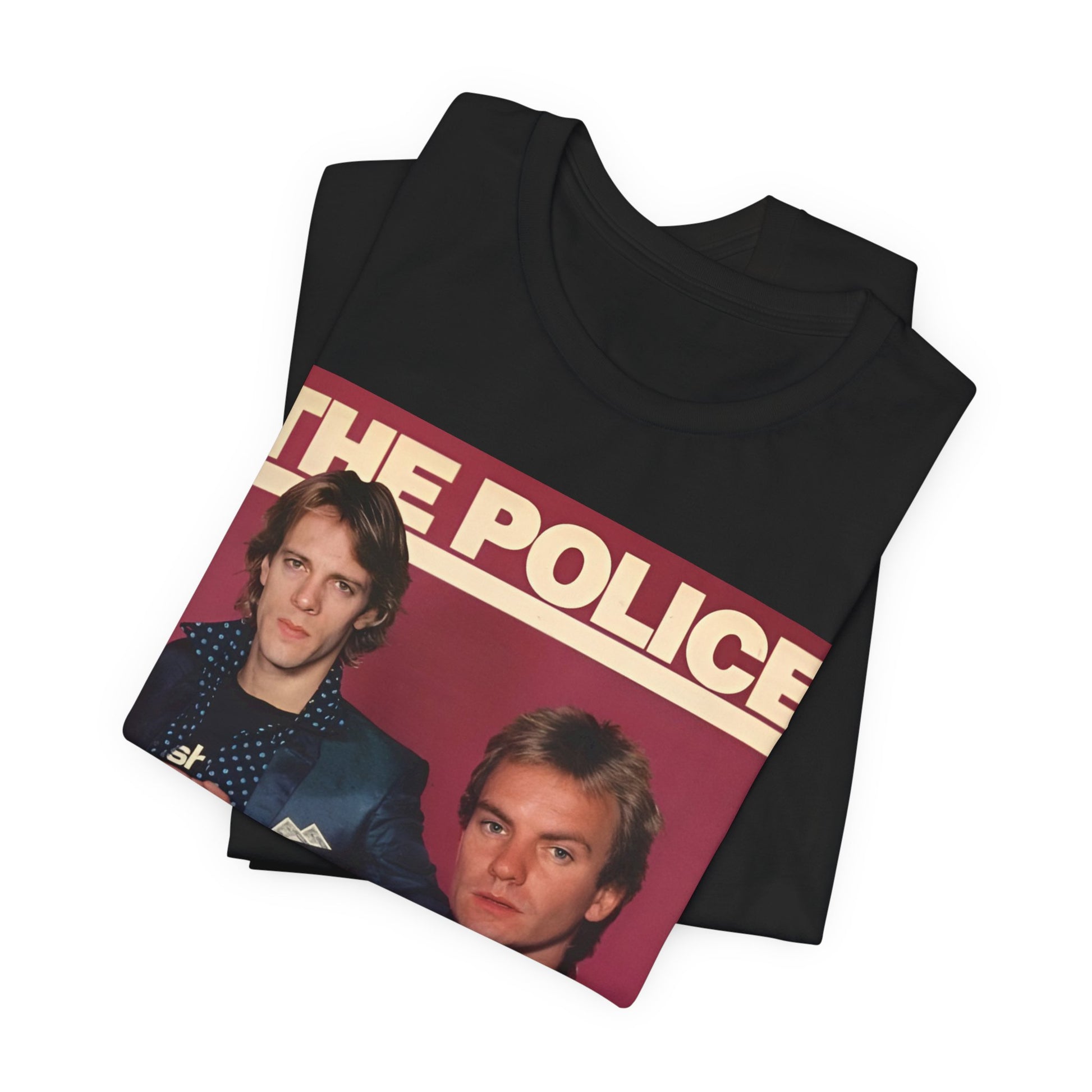 A black graphic t-shirt featuring a minimalist graphic of The Police as a power trio.