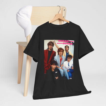 A black graphic t-shirt featuring a graphic of Duran Duran as 80s new wave pioneers.