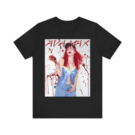 A black graphic t-shirt featuring a bold and vibrant pop art style graphic of Ava Max.