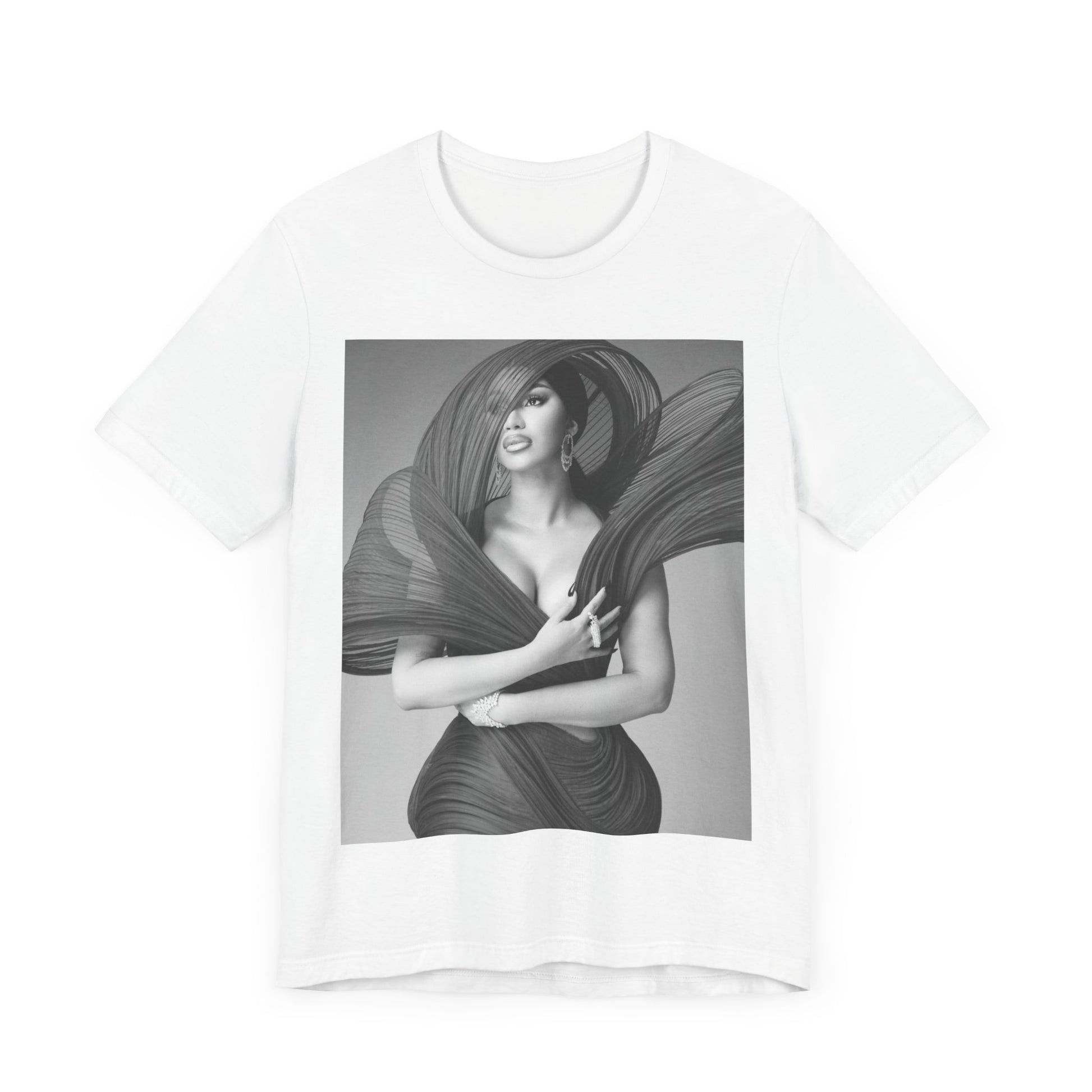 A black graphic t-shirt featuring a black and white graphic of Cardi B, emphasizing her 'Bronx Princess' or rap icon status.