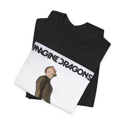 A black graphic t-shirt featuring a graphic related to Imagine Dragons' 'Believer' song or era.