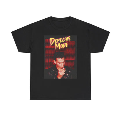 A black graphic t-shirt featuring a stylized graphic of Depeche Mode with an aesthetic design.