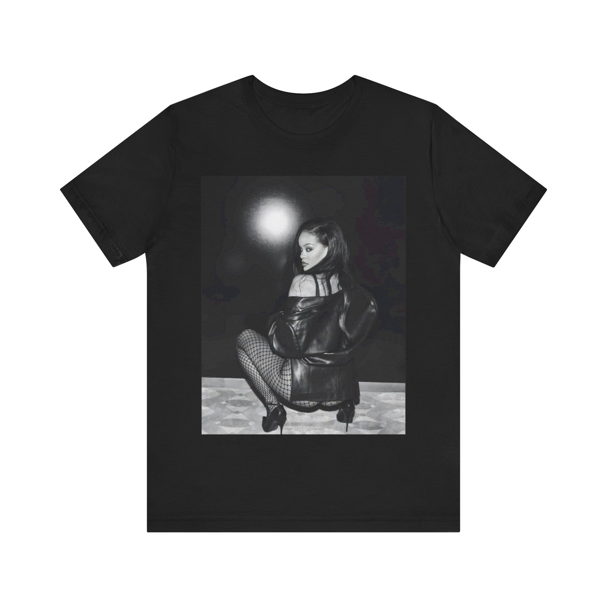 A black graphic t-shirt featuring a black and white sexy graphic of Rihanna.