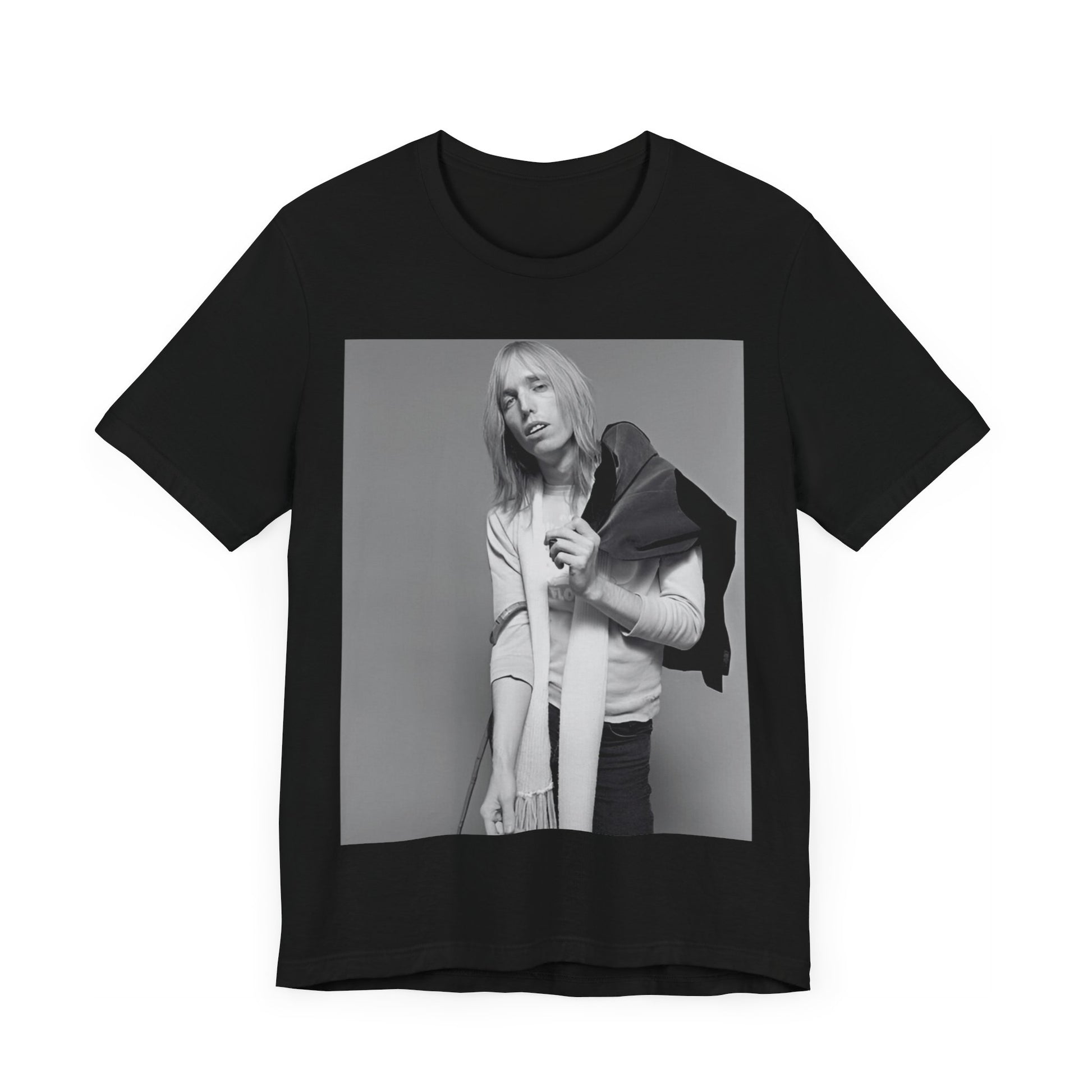 A black graphic t-shirt featuring a modern rock essential graphic of Tom Petty.