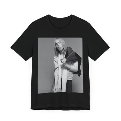 A black graphic t-shirt featuring a modern rock essential graphic of Tom Petty.