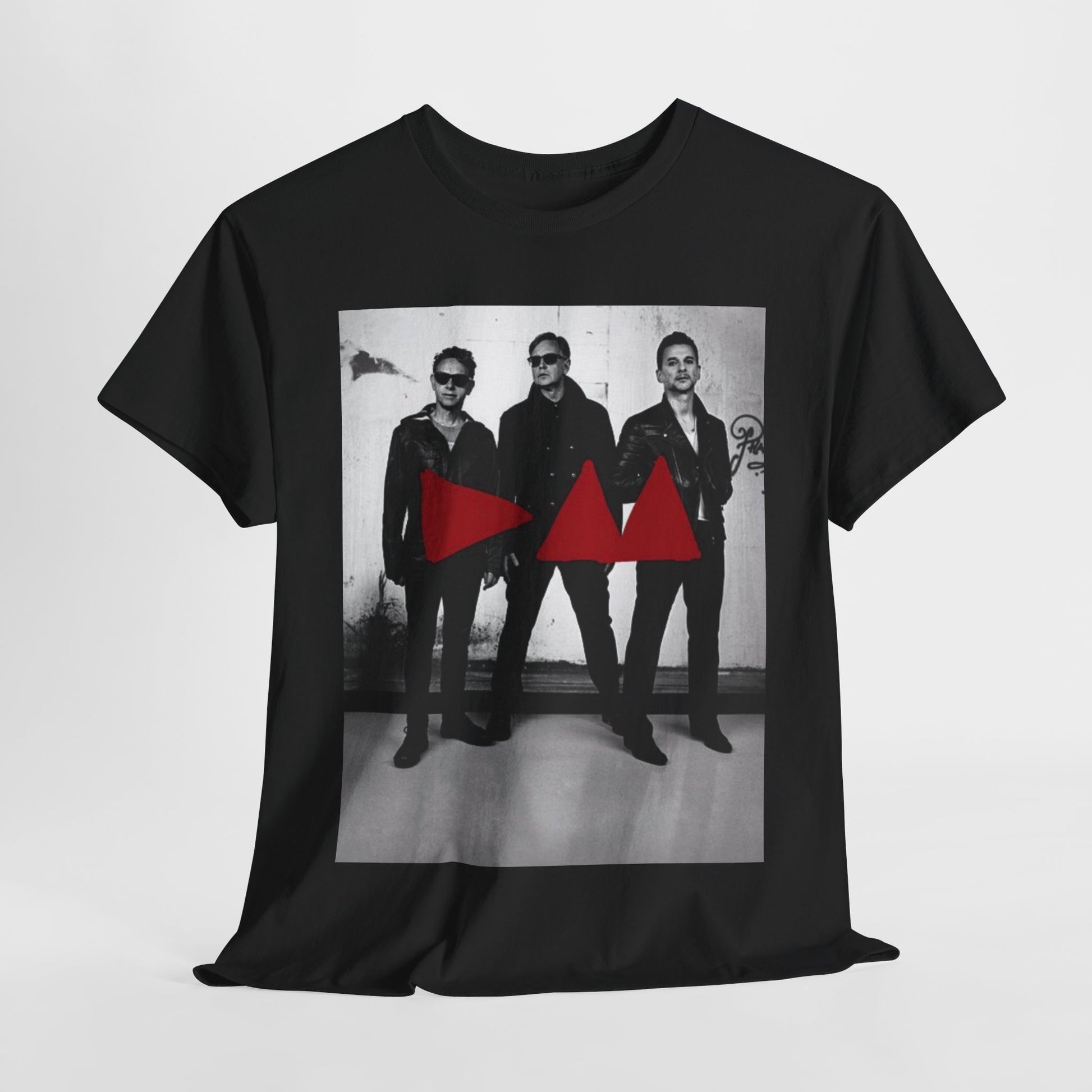 A black graphic t-shirt featuring a photo portrait of the synth-pop band Depeche Mode.