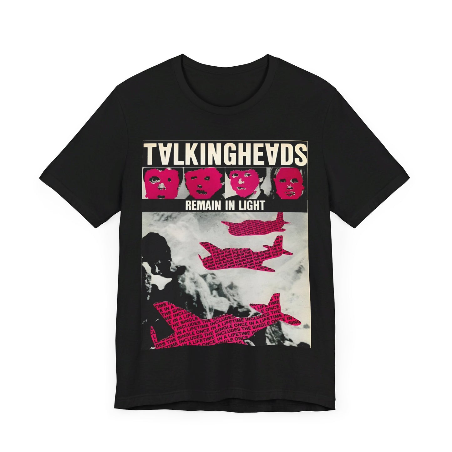 A black graphic t-shirt featuring an 80s art pop aesthetic graphic of Talking Heads.