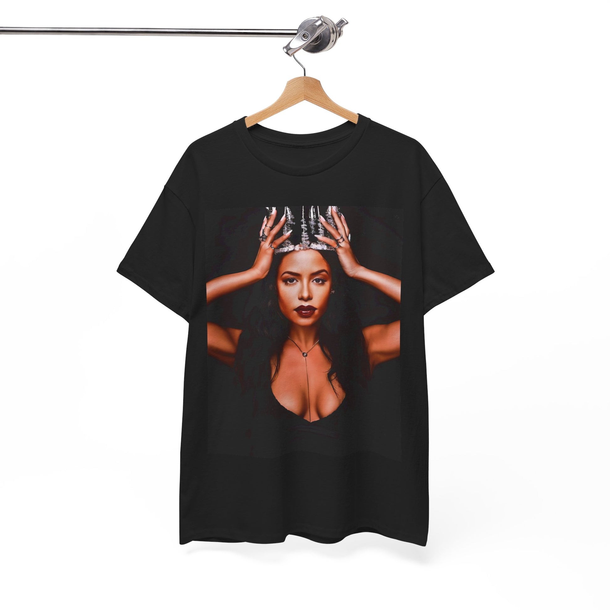 A black graphic t-shirt featuring a boxy graphic related to Aaliyah's 'More Than a Woman' song or era.