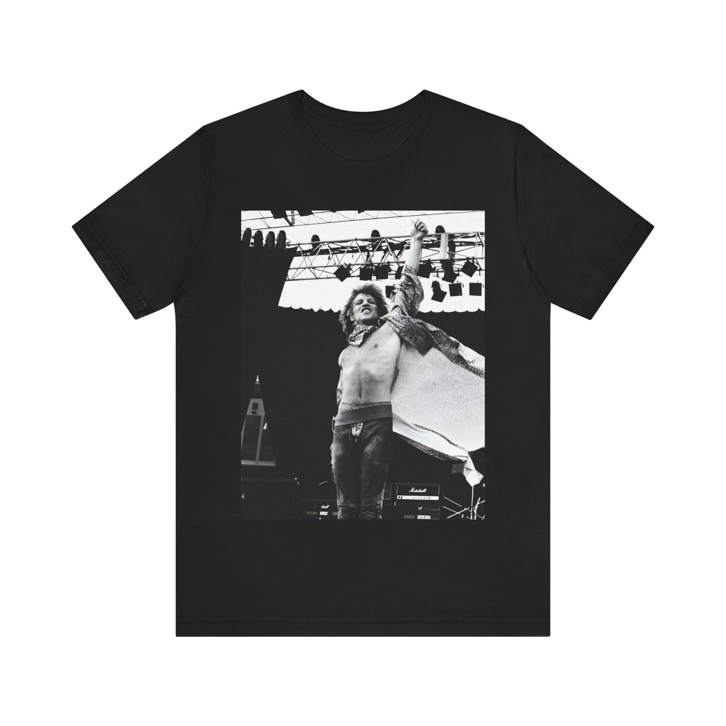 A black graphic t-shirt featuring an epic arena rock graphic of Bon Jovi performing on a large stage.
