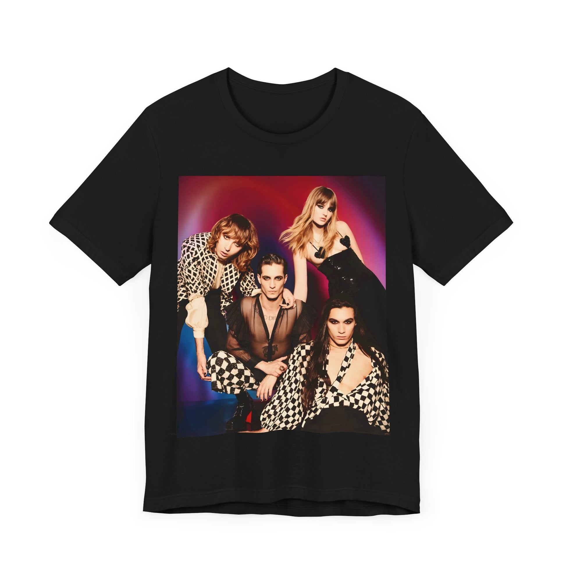 A black graphic t-shirt featuring a vintage glam rock graphic of Maneskin.