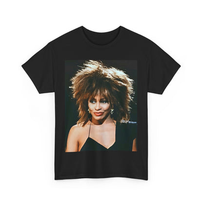 A black graphic t-shirt featuring a graphic of Tina Turner as the Queen of Rock & Roll.