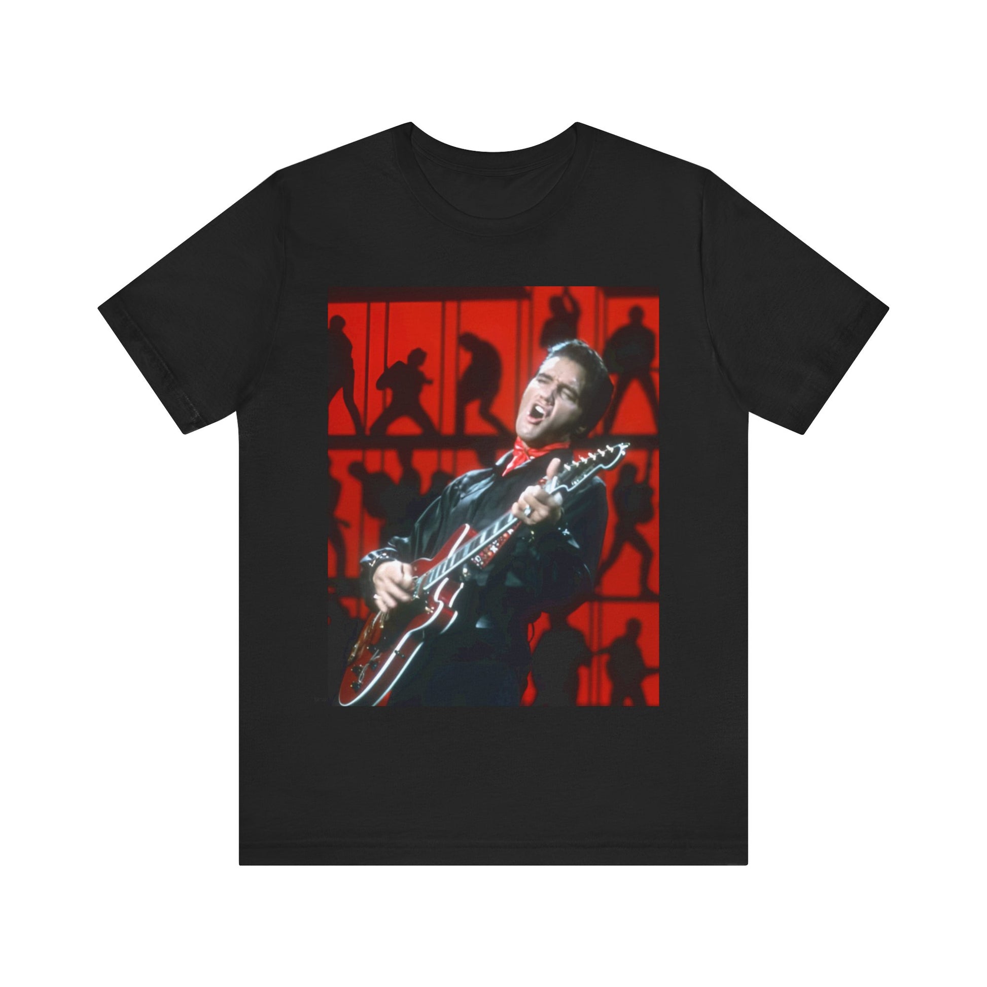 A black graphic t-shirt featuring a vintage photo of Elvis Presley from his Las Vegas residency.