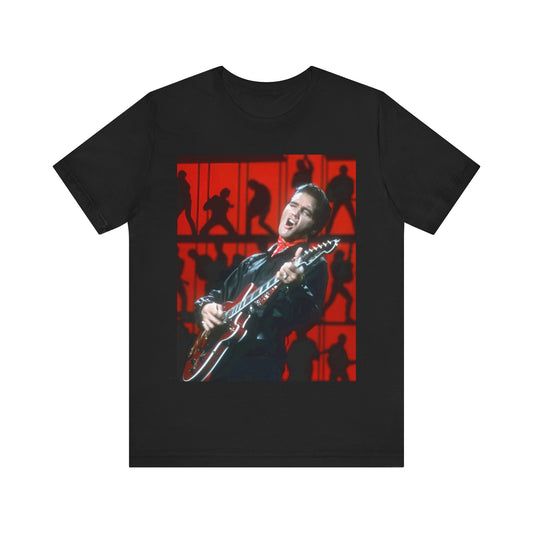 A black graphic t-shirt featuring a vintage photo of Elvis Presley from his Las Vegas residency.