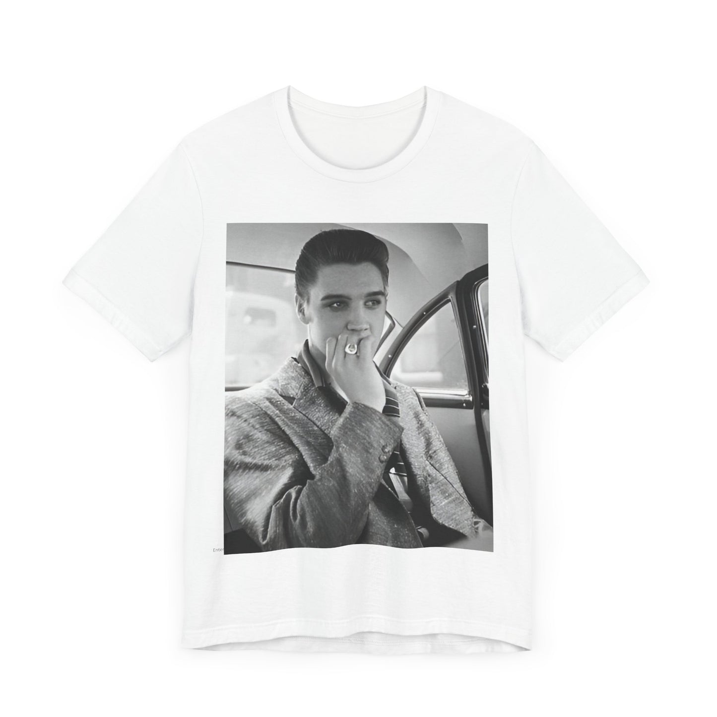 A black graphic t-shirt featuring a classic 50s era graphic of Elvis Presley.