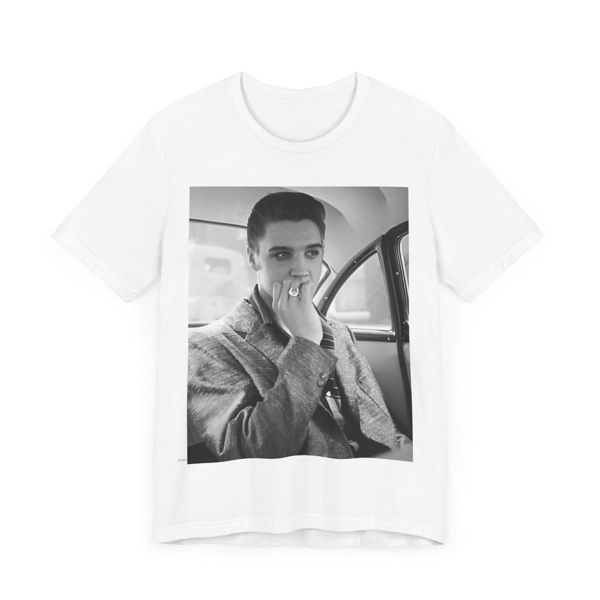 A black graphic t-shirt featuring a classic 50s era graphic of Elvis Presley.