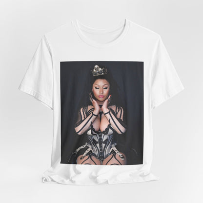 A black graphic t-shirt featuring a vintage graphic of Nicki Minaj as the Queen of Rap.