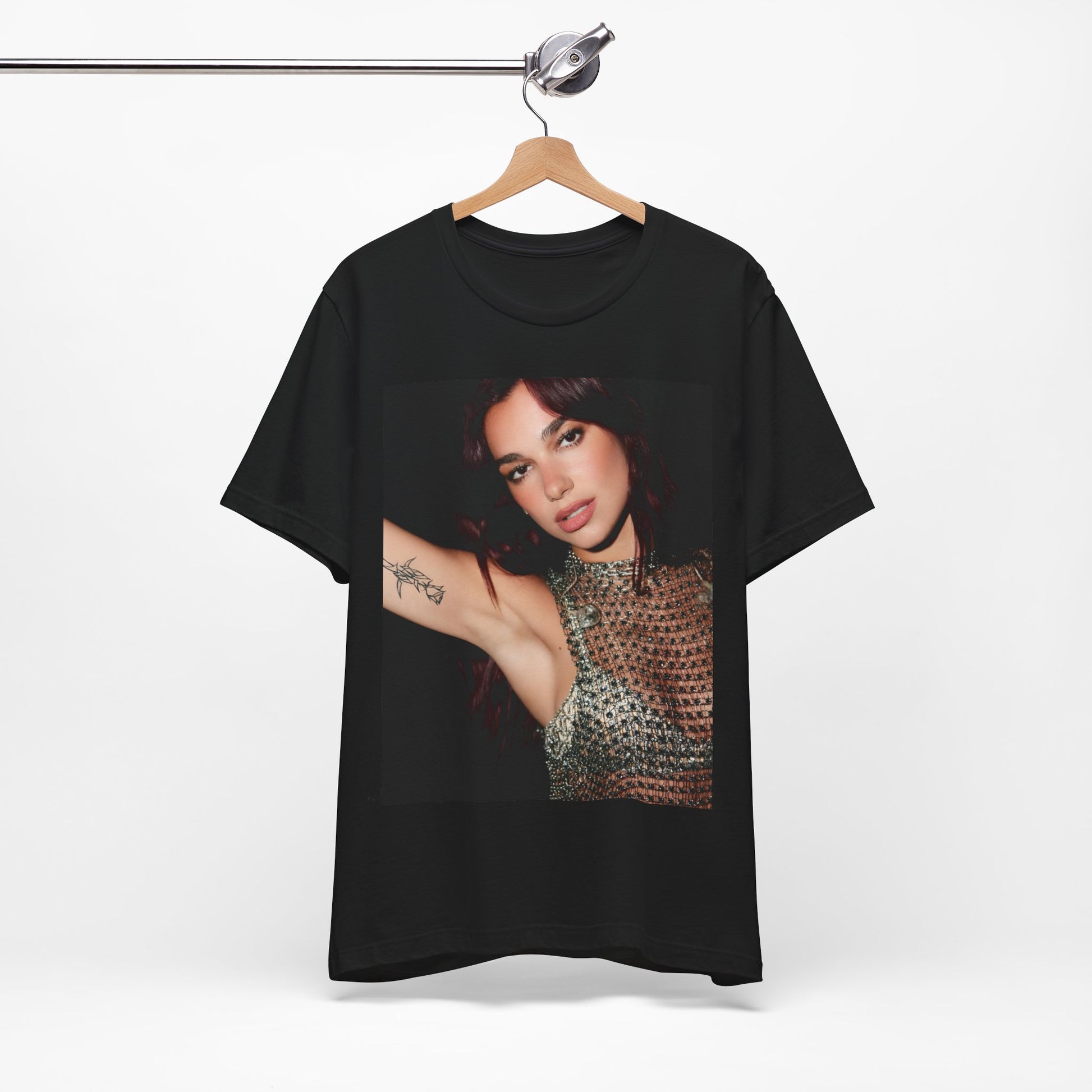 A black graphic t-shirt featuring a retro graphic inspired by Dua Lipa's "Don't Start Now" song.