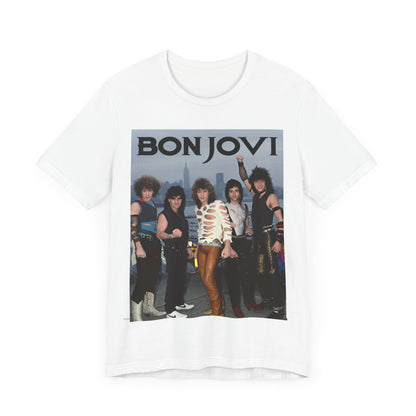 A black graphic t-shirt featuring a graphic related to Bon Jovi's 'Livin' on a Prayer' song or era from the 1980s.