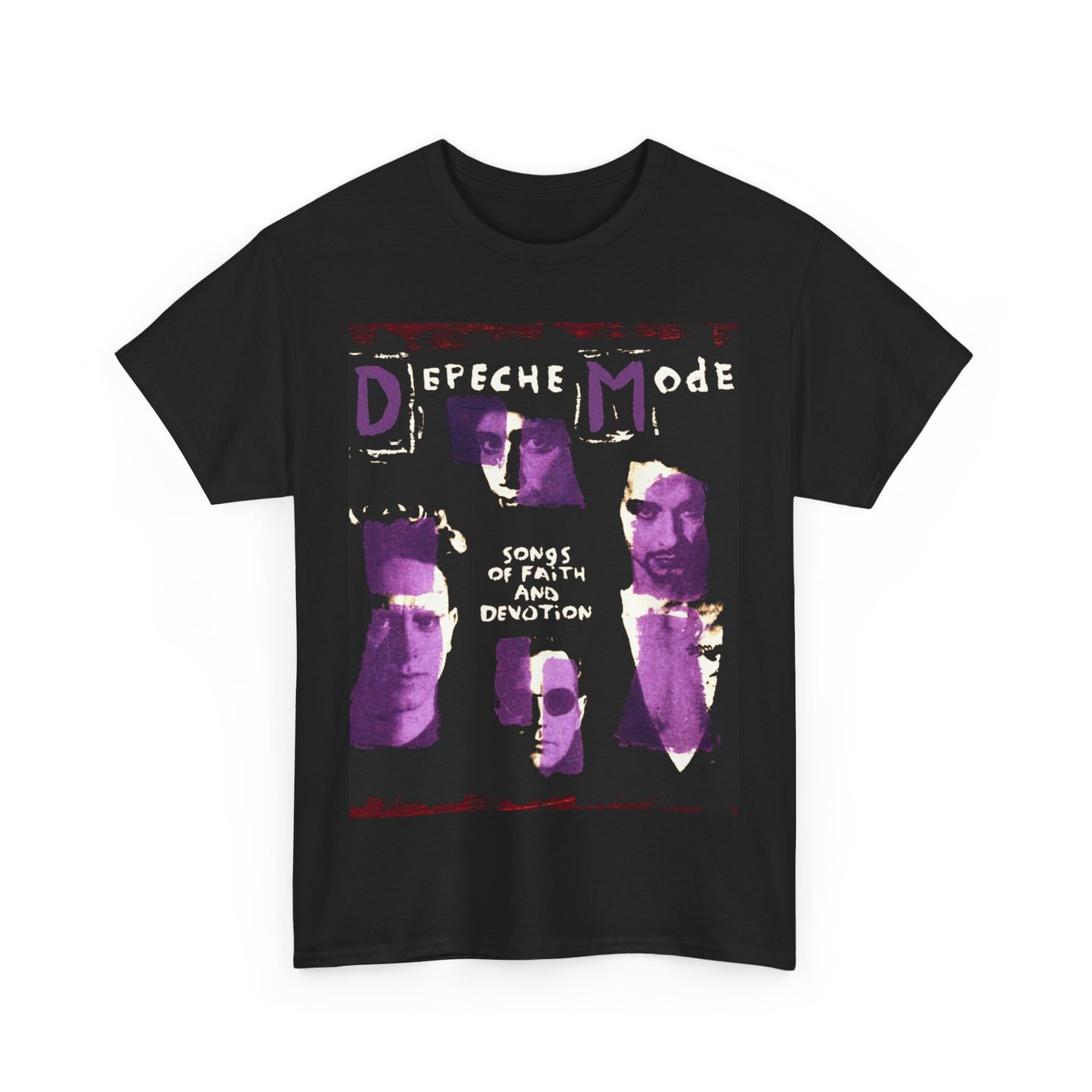 A black graphic t-shirt featuring a graphic related to Depeche Mode's 'Songs of Faith and Devotion' album.