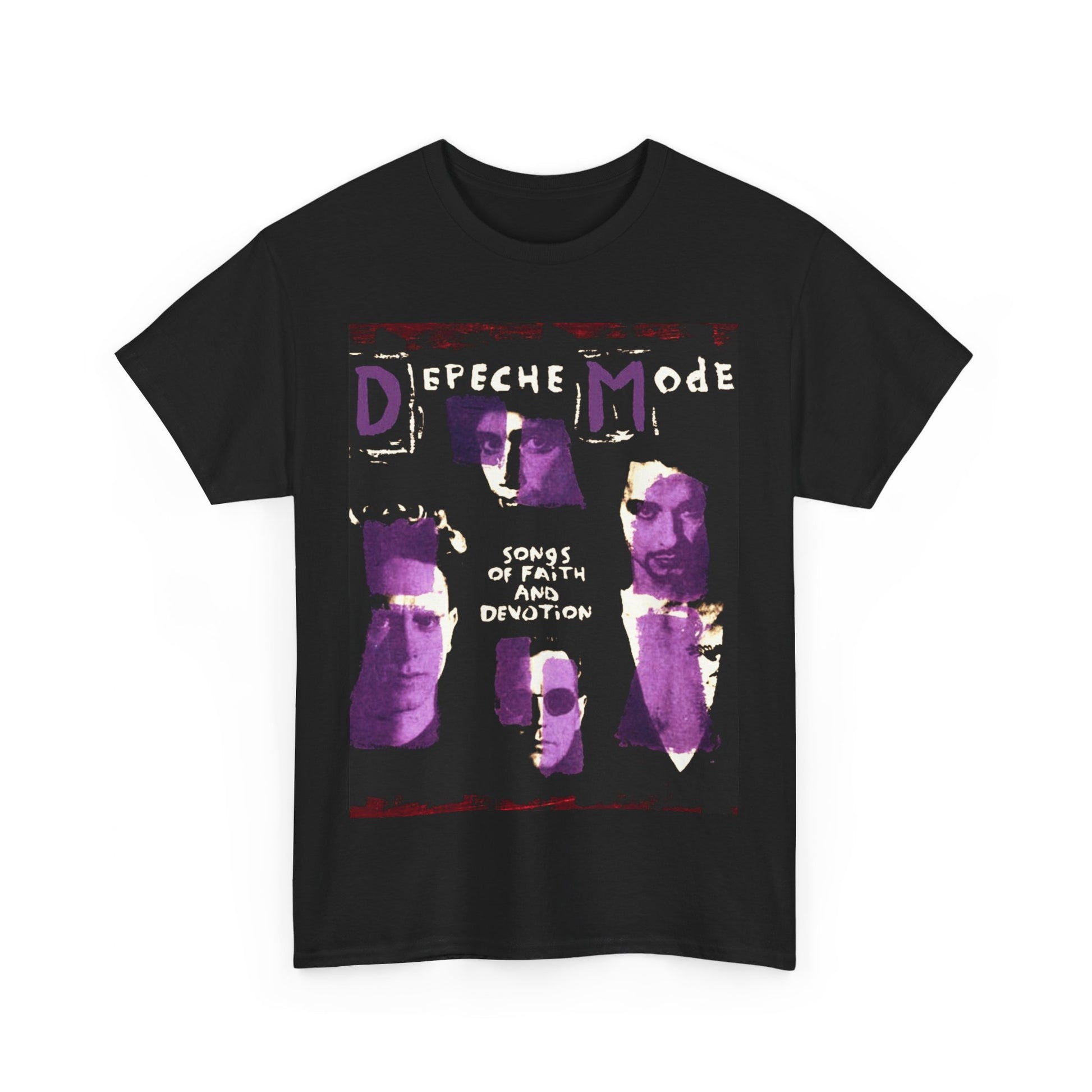 A black graphic t-shirt featuring a graphic related to Depeche Mode's 'Songs of Faith and Devotion' album.