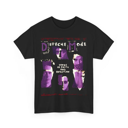 A black graphic t-shirt featuring a graphic related to Depeche Mode's 'Songs of Faith and Devotion' album.