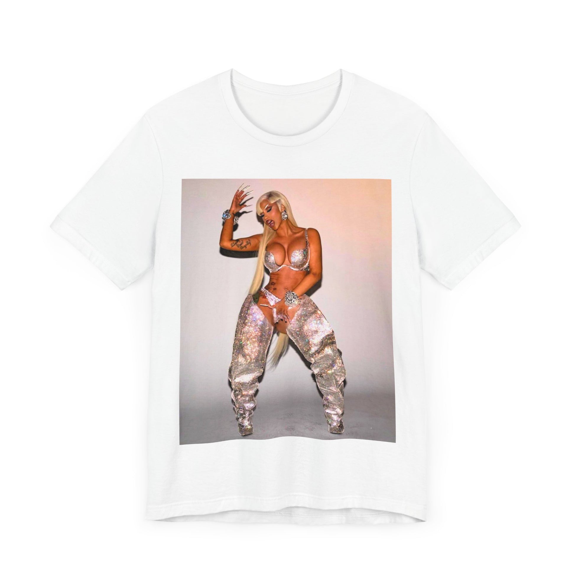 A black graphic t-shirt featuring a vintage graphic of Cardi B as a 'Bronx Queen' or rap icon.