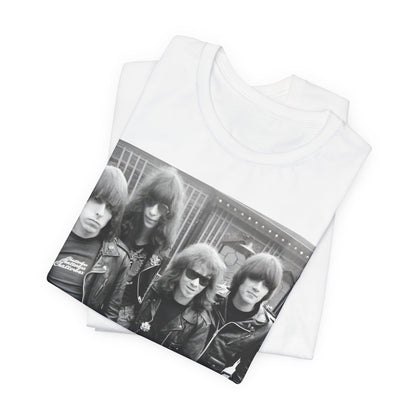 A black graphic t-shirt featuring a retro graphic related to Ramones' 'I Wanna Be Sedated' song or era.