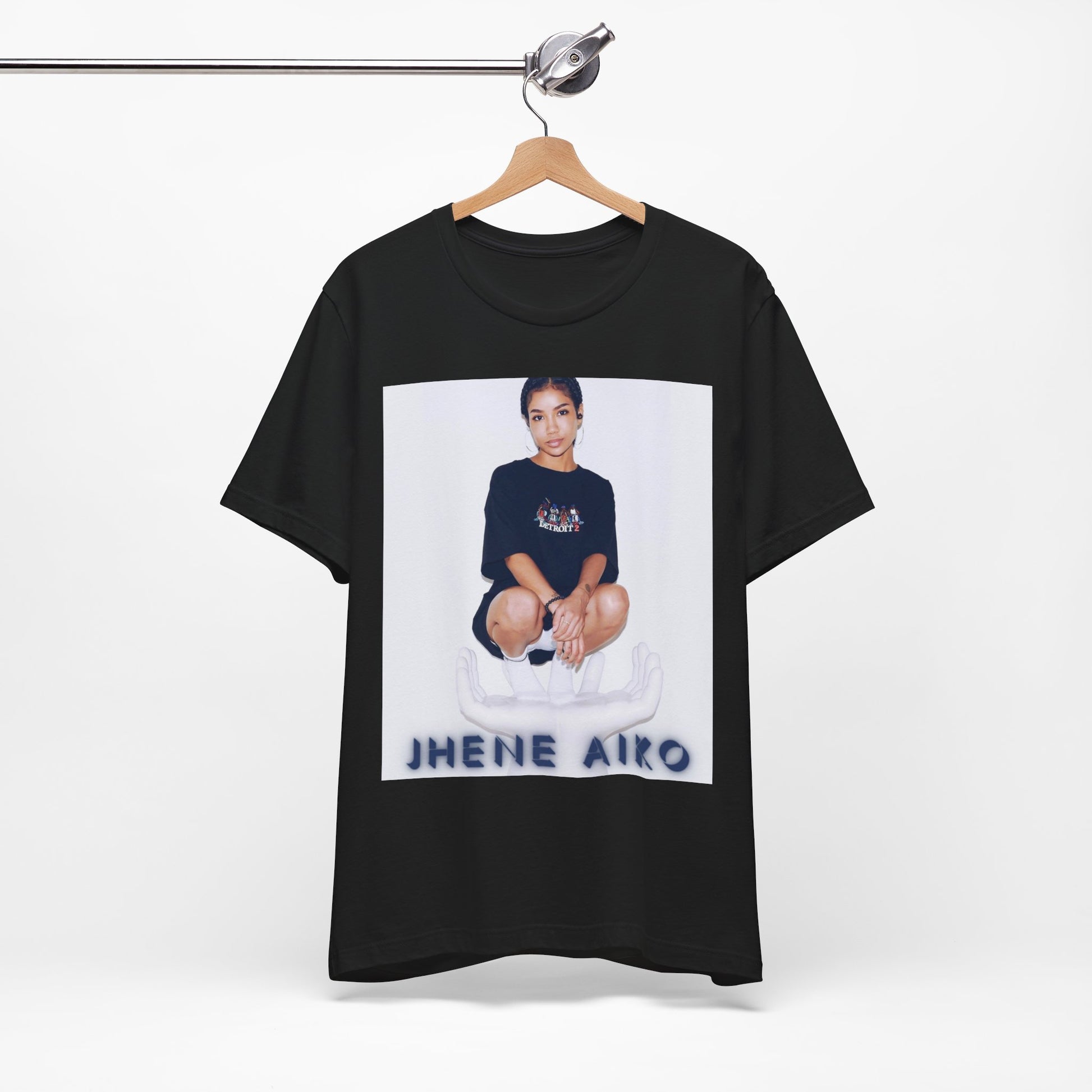 A black graphic t-shirt featuring a casual R&B fan graphic of Jhene Aiko.