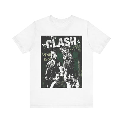 A black graphic t-shirt featuring a graphic related to The Clash's 'White Riot' song.