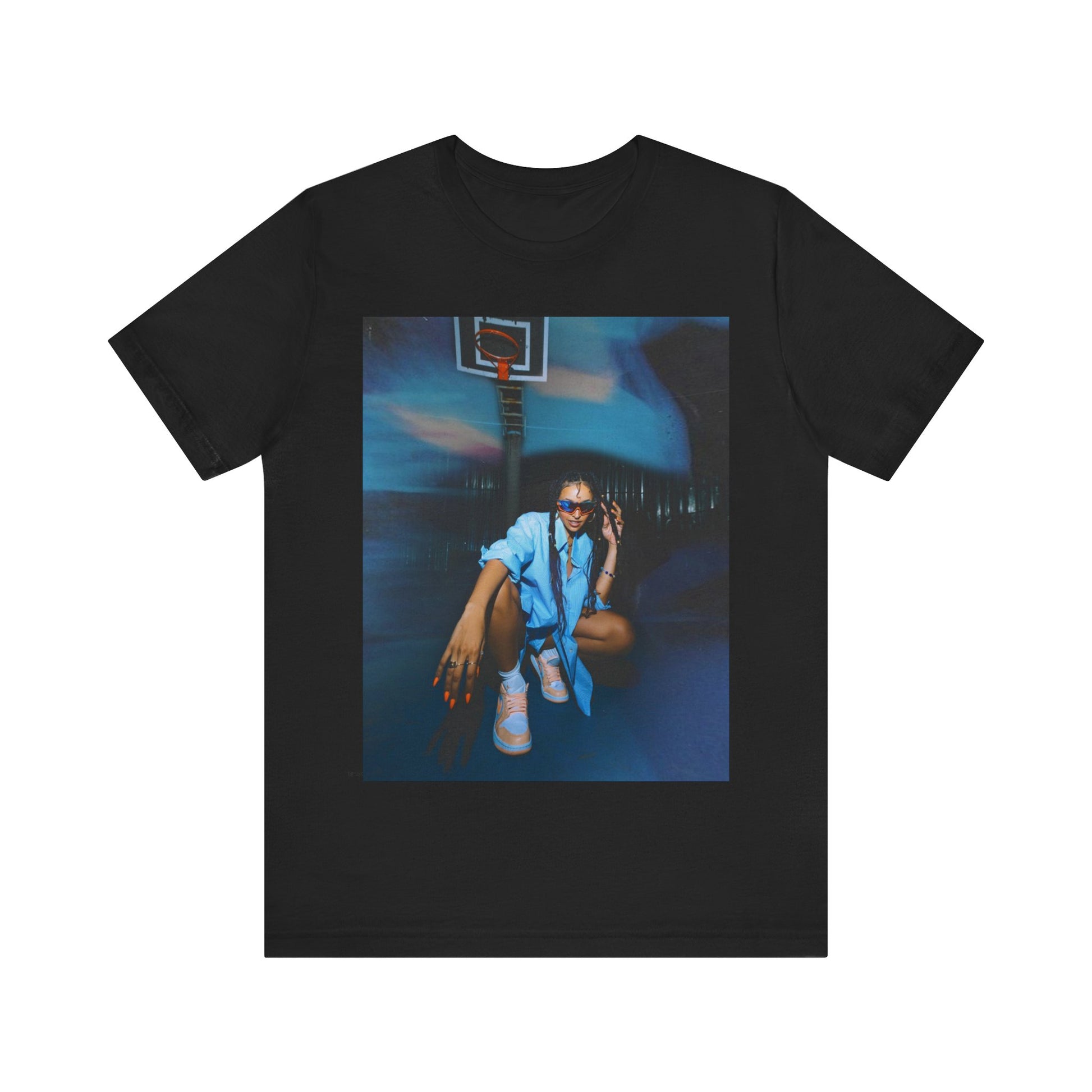 A black graphic t-shirt featuring an indie R&B streetwear graphic of Tinashe.
