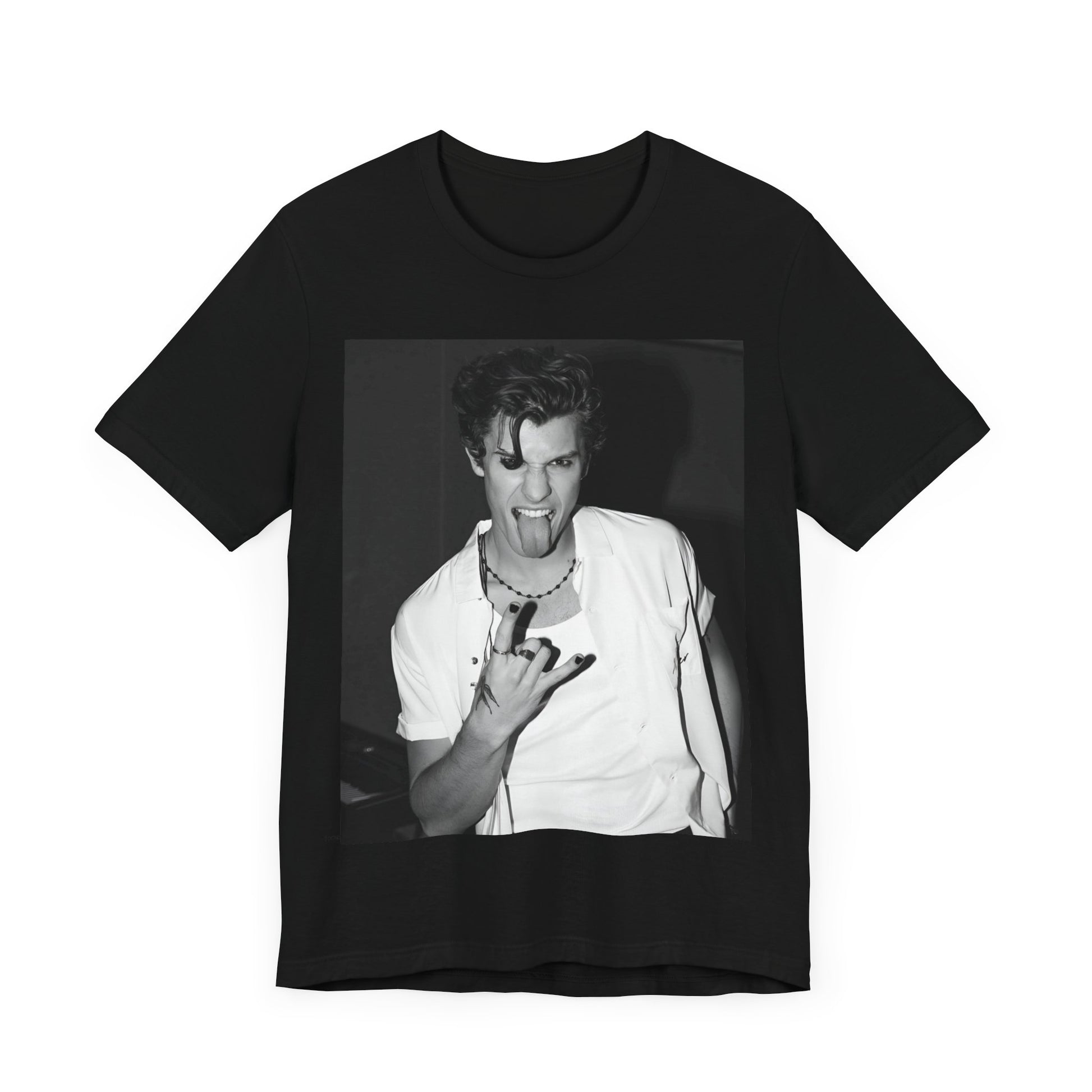 A black graphic t-shirt featuring a casual black and white fan graphic of Shawn Mendes.
