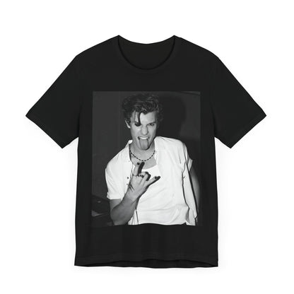 A black graphic t-shirt featuring a casual black and white fan graphic of Shawn Mendes.