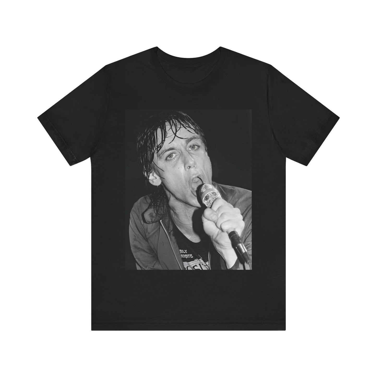 A black graphic t-shirt featuring a 70s graphic or photo of Iggy Pop performing in a wild concert.